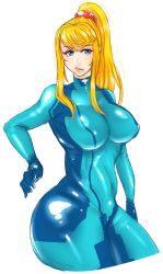 Rule 34 | 1girl, bad id, bad tumblr id, blonde hair, blue eyes, bodysuit, breasts, cowboy shot, cropped legs, curvy, highres, large breasts, lips, long hair, metroid, mole, mole under mouth, nintendo, ponytail, samus aran, scrunchie, shiny clothes, skin tight, solo, steffydoodles, zero suit