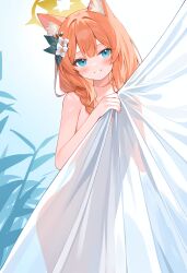 Rule 34 | 1girl, absurdres, animal ear fluff, animal ears, blue archive, blue eyes, blush, braid, commentary request, completely nude, curtains, flower, fox ears, hair between eyes, hair flower, hair ornament, halo, highres, long hair, looking at viewer, mari (blue archive), nude, orange hair, plant, see-through silhouette, side braid, sidelocks, smile, sola05002, solo, white background