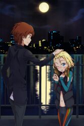 Rule 34 | 1boy, 1girl, absurdres, age difference, black jacket, black pants, black vest, blonde hair, blue eyes, blush, brown eyes, brown hair, building, business suit, child, city lights, closed mouth, cloud, cloudy sky, colorized, commentary, feet out of frame, formal, from side, full moon, gazing eye, glowing, glowing windows, grey pants, haimura kiyotaka, hand in pocket, hand on own chest, hand up, hands up, headpat, headphones, headphones around neck, height difference, highres, jacket, kamisato kakeru, long sleeves, looking at another, medium hair, moon, moonlight, multicolored sleeves, navel, night, night sky, novel illustration, official art, one eye closed, outdoors, pants, patricia birdway, reflection, reflective water, river, shirt, short hair, sky, smile, spandex, spoilers, standing, stomach, suit, toaru majutsu no index, toaru majutsu no index: new testament, track suit, vest, water, white shirt