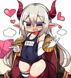 Rule 34 | 1girl, curled horns, elbow gloves, emma august, epaulettes, gloves, grey hair, heart, horns, kanikama, long hair, lowres, nijisanji, old school swimsuit, one-piece swimsuit, open mouth, pointy ears, purple eyes, school swimsuit, simple background, single thighhigh, smile, solo, striped clothes, striped thighhighs, swimsuit, thighhighs, virtual youtuber, white background, white gloves