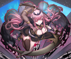 Rule 34 | 1girl, armpits, asymmetrical legwear, black cape, black dress, black nails, black tiara, breasts, cape, cleavage, detached sleeves, dress, highres, holding, holding scythe, hololive, hololive english, large breasts, looking at viewer, mori calliope, mori calliope (1st costume), perspective, pink hair, red eyes, scythe, single detached sleeve, single thighhigh, solo, teku (2nd escape), thighhighs, tiara, torn cape, torn clothes, veil, virtual youtuber
