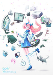 Rule 34 | bad proportions, blue bow, blue eyes, blue footwear, blue skirt, bow, camera, candy, candy cane, cat, cellphone, character name, chocolate, chocolate bar, clock, clothing cutout, color wheel, controller, copyright name, cup, drinking straw, food, full body, game controller, hair bow, headphones, headphones removed, highres, keyboard, looking at viewer, monitor, computer mouse, neck pillow, original, paper, phone, pink hair, pixiv, pixiv-tan, printer, ruler, sandwich, satyuas, shoes, shoulder cutout, skirt, smartphone, speaker, standing, straightedge, stylus, table, twintails, white hair, white legwear
