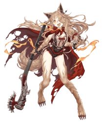 Rule 34 | 1girl, animal ear fluff, animal ears, blonde hair, bracelet, claws, cloak, earrings, frills, full body, fur, gun, hair over one eye, hair ribbon, jewelry, ji no, long hair, official art, orange eyes, red riding hood (sinoalice), ribbon, rifle, sinoalice, solo, spiked bracelet, spikes, tail, tongue, tongue out, torn cloak, torn clothes, transparent background, weapon, wolf ears, wolf girl, wolf tail