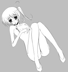 Rule 34 | 1girl, blush, flat chest, frapowa, greyscale, isis egret, lyrical nanoha, mahou senki lyrical nanoha force, monochrome, mouth hold, nipples, panties, panties in mouth, panty pull, pussy, short hair, simple background, solo, topless, underwear, unworn panties