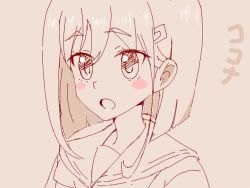 Rule 34 | 1girl, :o, blush stickers, character name, dated, eyebrows, flip flappers, hair between eyes, hair ornament, hairclip, kokomine cocona, momoeolia, monochrome, official style, open mouth, pink background, red theme, short hair, simple background, solo, tegaki, upper body