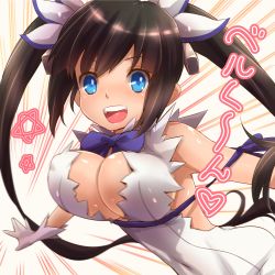 Rule 34 | 10s, 1girl, :d, black hair, blue eyes, bouncing breasts, bow, bowtie, breasts, cleavage, dress, dungeon ni deai wo motomeru no wa machigatteiru darou ka, covered erect nipples, female focus, gloves, hair ribbon, hestia (danmachi), highres, large breasts, long hair, motion blur, motion lines, open mouth, rei no himo, ribbon, smile, solo, tsukigami chronica, twintails