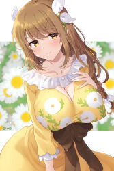 Rule 34 | 1girl, awayuki ramika, blush, braid, breasts, brown hair, cleavage, cleavage cutout, closed mouth, clothing cutout, collarbone, commentary request, commission, dress, fire emblem, fire emblem engage, floral print, goldmary (fire emblem), hair ribbon, hand on own chest, highres, large breasts, long hair, long sleeves, looking at viewer, nintendo, ribbon, skeb commission, smile, solo, white ribbon, yellow dress, yellow eyes