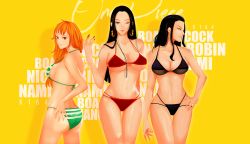 Rule 34 | 3girls, ass, bikini, black hair, blue eyes, boa hancock, breasts, brown eyes, cleavage, curvy, hip focus, large breasts, long hair, multiple girls, nail polish, nami (one piece), navel, nico robin, one piece, red nails, sideboob, stomach, swimsuit, text focus, thighs, yellow background