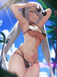 Rule 34 | 1girl, absurdres, armpits, arms up, bikini, black bikini, black ribbon, blue archive, blue sky, blurry, breasts, chromatic aberration, cloud, commentary, covered erect nipples, cowboy shot, day, depth of field, elise (wdsm2344), unworn eyewear, grey hair, hair ribbon, halterneck, highres, holding, holding removed eyewear, iori (blue archive), iori (swimsuit) (blue archive), lens flare, long hair, looking at viewer, medium breasts, multi-strapped bikini bottom, navel, official alternate costume, outdoors, palm tree, ribbon, sky, solo, standing, string bikini, sunglasses, sunlight, sweat, swimsuit, tree, twintails, very long hair