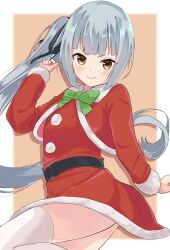 Rule 34 | 1girl, alternate costume, brown eyes, capelet, dress, fur-trimmed capelet, fur-trimmed dress, fur trim, grey hair, highres, kantai collection, kasumi (kancolle), long hair, osmium-76, red background, red capelet, red dress, side ponytail, solo, thighhighs, two-tone background, white thighhighs