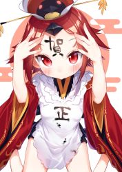 Rule 34 | 1girl, apron, arms up, benienma (fate), blue kimono, blush, brown hair, brown hat, commentary request, egasumi, facepaint, fate/grand order, fate (series), forehead, hat, japanese clothes, kimono, looking at viewer, new year, parted bangs, red eyes, short sleeves, sitting, solo, tally, tousaki shiina, translation request, wariza, white apron, wide sleeves
