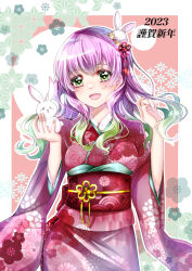 Rule 34 | 1girl, 2023, animal, commentary request, cowboy shot, floral print kimono, green eyes, green hair, hair ornament, highres, holding, holding animal, japanese clothes, kimono, multicolored hair, nana22 mm, obi, open mouth, original, pink hair, rabbit, sash, smile, snowflake background