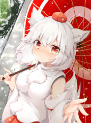 Rule 34 | 1girl, animal ears, bare shoulders, blush, detached sleeves, hat, holding, holding umbrella, inubashiri momiji, japanese clothes, looking at viewer, looking up, oil-paper umbrella, outdoors, pom pom (clothes), red eyes, red skirt, red umbrella, ribbon-trimmed sleeves, ribbon trim, rururiaru, shirt, short hair, silver hair, skirt, sleeveless, sleeveless shirt, snow, solo, tail, tokin hat, touhou, turtleneck, umbrella, white shirt, wolf ears, wolf tail