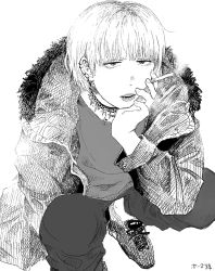 Rule 34 | 1boy, androgynous, blunt bangs, bob cut, choker, cigarette, cross, earrings, from above, fur trim, greyscale, hair behind ear, hand on own chin, highres, jacket, jewelry, lip piercing, lips, looking at viewer, mohato official, monochrome, original, pants, piercing, sanpaku, shirt, shoes, short hair, smoking, squatting