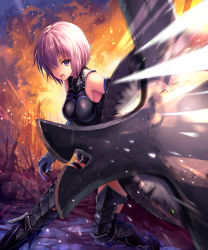 Rule 34 | 1girl, armor, armored boots, armored dress, bare shoulders, black thighhighs, boots, breasts, castle, fate/grand order, fate (series), fire, from side, gloves, hair over one eye, holding, holding shield, legs apart, light particles, looking at viewer, mash kyrielight, medium breasts, motion blur, one eye covered, open mouth, oukatihiro, outdoors, planted, planted sword, planted weapon, purple gloves, purple hair, shield, short hair, sleeveless, smoke, solo, standing, sword, thigh boots, thigh strap, thighhighs, vambraces, weapon