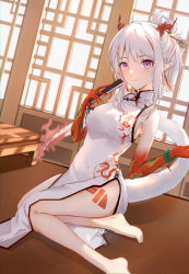 Rule 34 | 1girl, absurdres, arknights, bare legs, barefoot, bead bracelet, beads, bracelet, breasts, chenmu sora, china dress, chinese clothes, commentary, covered navel, dress, dutch angle, hands up, highres, holding, horns, jewelry, looking at viewer, medium breasts, medium hair, multicolored hair, nian (arknights), nian (unfettered freedom) (arknights), official alternate costume, pointy ears, purple eyes, red hair, sidelocks, silver hair, sitting, sleeveless, sleeveless dress, smile, solo, streaked hair, tail, thighs, white dress, yokozuwari