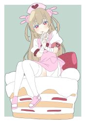 Rule 34 | 1girl, absurdres, apron, bandaged arm, bandages, blonde hair, blush, cake, donguri suzume, dot nose, dress, fingernails, food, green background, hair ornament, hat, head tilt, highres, knees together feet apart, long hair, looking at viewer, nail polish, natori sana, nurse cap, on food, pink apron, pink footwear, pink hat, pink nails, print headwear, puffy short sleeves, puffy sleeves, rabbit hair ornament, red eyes, sana channel, shoes, short sleeves, simple background, sitting, solo, thighhighs, tongue, tongue out, two side up, virtual youtuber, white dress, white thighhighs