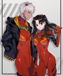 Rule 34 | 1boy, 1girl, archer (fate), arm at side, bad id, bad twitter id, black hair, black jacket, blue eyes, bodysuit, breasts, closed mouth, commentary request, cosplay, cowboy shot, crossdressing, dark-skinned male, dark skin, fate/stay night, fate (series), grey background, grey hair, hair ribbon, hand in pocket, hand up, highres, jacket, long hair, looking at viewer, neon genesis evangelion, open clothes, open jacket, pale skin, parted bangs, pilot suit, plugsuit, red bodysuit, ribbon, shimatori (sanyyyy), short hair, small breasts, smile, souryuu asuka langley, souryuu asuka langley (cosplay), standing, tohsaka rin, twintails, two side up, white hair