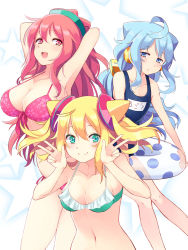 Rule 34 | 10s, 1boy, 2girls, :d, :o, age difference, ahoge, armpits, arms behind head, arms up, bad id, bad pixiv id, bikini, blue eyes, blue hair, blue one-piece swimsuit, breasts, cleavage, closed mouth, colored eyelashes, cowboy shot, double bun, double v, ear covers, floral print, frilled bikini, frills, from side, front-tie bikini top, front-tie top, full body, green bikini, green eyes, hacka doll, hacka doll 1, hacka doll 2, hacka doll 3, hair between eyes, hair bun, hair ornament, half-closed eyes, hands up, happy, holding, innertube, kagehino akari, large breasts, leaning forward, legs together, light smile, long hair, looking at viewer, low twintails, medium breasts, multiple girls, name tag, navel, one-piece swimsuit, open mouth, parted bangs, parted lips, pink bikini, pink eyes, pink hair, polka dot, print bikini, school swimsuit, short hair, side-tie bikini bottom, sideboob, sidelocks, smile, standing, star (symbol), starry background, swim ring, swimsuit, thighs, transparent, trap, twintails, upper body, v, very long hair, white background