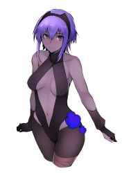 Rule 34 | 1girl, bandaged leg, bandages, bare shoulders, black gloves, black pantyhose, black skin, breasts, center opening, colored skin, cropped legs, dark-skinned female, dark skin, fate/grand order, fate/prototype, fate/prototype: fragments of blue and silver, fate (series), flower, gloves, hair between eyes, hairband, hassan of serenity (fate), kurowa, large breasts, leotard, navel, pantyhose, purple eyes, purple hair, short hair, simple background, smile, solo, turtleneck, white background