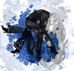 Rule 34 | 1boy, 1girl, angelica (project moon), argalia (project moon), black footwear, black gloves, black jacket, black sweater, blue cape, blue eyes, blue flower, blue jacket, blue nails, brother and sister, cape, collared cape, commentary request, floral background, flower, gloves, gold trim, hair ornament, highres, jacket, library of ruina, long hair, nishikujic, project moon, shoes, siblings, sidelocks, silver trim, sweater, very long hair, white background, white hair