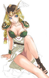 Rule 34 | 1girl, arm support, armor, armored dress, arms behind back, belt, blonde hair, blue eyes, braid, breasts, cleavage, clothes lift, dress, dress lift, fantasy, green armor, grin, groin, hair ribbon, hayase yuuichirou, head wings, helm, helmet, large breasts, legs, long dress, long hair, looking at viewer, low-tied long hair, namco, no panties, partially colored, pauldrons, ribbon, sandals, seductive smile, shoulder armor, simple background, single braid, sitting, sketch, skirt, smile, solo, valkyrie, valkyrie (vnd), valkyrie no densetsu, vambraces, white background, white skirt, wings