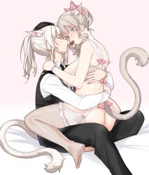 Rule 34 | 2girls, animal ear fluff, animal ears, barefoot, black hat, black pants, blue eyes, bow, bra, breasts, brown hair, candy, cat ears, cat girl, cat tail, chocolate, chocolate heart, commentary, deathalice, eye contact, final fantasy, final fantasy xiv, food, formal, grey bra, grey thighhighs, hair bow, hat, heart, highres, large breasts, long sleeves, looking at another, miqo&#039;te, mouth hold, multiple girls, pants, pink background, pink bow, ponytail, shirt, short hair, simple background, suit, symbol-only commentary, tail, thighhighs, toes, underwear, underwear only, white shirt, white sleeves, yuri