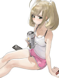 Rule 34 | 1girl, :t, ahoge, arm support, bare legs, bare shoulders, blush, breasts, camisole, can, cellphone, cleavage, collarbone, commentary, feet out of frame, green eyes, highres, holding, holding can, idolmaster, idolmaster cinderella girls, iphone, light brown hair, looking at viewer, medium breasts, modare, phone, pout, sato shin, short shorts, shorts, sitting, smartphone, solo, swept bangs, twintails