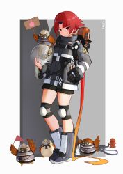 Rule 34 | 1girl, absurdly long hair, absurdres, arknights, benienma (fate), bird, black gloves, blush, boots, border, breasts, closed mouth, cosplay, fate/grand order, fate (series), fire helmet, firefighter jacket, forehead, full body, gloves, gradient background, gradient hair, grey background, grey footwear, grey jacket, highres, jacket, knee pads, long hair, looking at viewer, low ponytail, multicolored hair, ninai, orange hair, oxygen tank, parted bangs, red eyes, red hair, shaw (arknights), shaw (arknights) (cosplay), sign, small breasts, smile, very long hair, white border