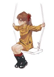 Rule 34 | 1girl, absurdres, aged down, black footwear, blue eyes, blush, boots, dress, hair between eyes, hair ribbon, highres, holding, holding rope, long hair, looking ahead, neon genesis evangelion, nose blush, outstretched arms, partially colored, red hair, red ribbon, red socks, ribbed socks, ribbon, rope, rubber boots, short dress, simple background, sitting, socks, solo, souryuu asuka langley, swing, tss-mire, two side up, white background, yellow dress