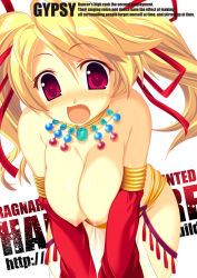 Rule 34 | 1girl, bent over, blonde hair, blush, breasts squeezed together, breasts, detached sleeves, fang, gypsy, gypsy (ragnarok online), hair ribbon, harem pants, jewelry, kinoshita ichi, large breasts, leaning forward, long hair, looking at viewer, necklace, nipples, open mouth, pants, ragnarok online, red eyes, ribbon, solo, standing, topless, twintails