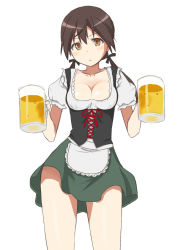 Rule 34 | 1girl, aiueo, alcohol, barmaid, beer, beer mug, blush, breasts, brown eyes, brown hair, cleavage, collarbone, cup, dirndl, german clothes, gertrud barkhorn, looking at viewer, medium breasts, mug, oktoberfest, simple background, solo, strike witches, traditional clothes, twintails, underbust, world witches series