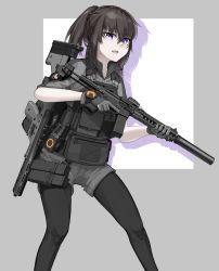 Rule 34 | 1girl, absurdres, artist name, assault rifle, black hair, black pantyhose, bullpup, carabiner, commentary, fang, fangs, from side, gloves, grey gloves, gun, highres, holding, holding gun, holding weapon, looking at viewer, m4 carbine, military, open mouth, original, pantyhose, pocket, ponytail, purple eyes, resolution mismatch, rifle, scope, shadow, shorts, sidelocks, simple background, sleeves rolled up, smile, solo, source smaller, standing, suppressor, tom clancy&#039;s the division, vectorek, watch, weapon
