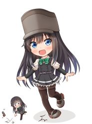 Rule 34 | 1girl, anger vein, angry, asashio (kancolle), bad id, bad twitter id, black hair, black pantyhose, chibi, comiching, commentary request, dress, expressions, frilled dress, frills, green neckwear, hat, highres, kantai collection, long hair, long sleeves, multiple views, open mouth, pantyhose, pinafore dress, rudder footwear, shirt, simple background, sleeveless, sleeveless dress, smile, thigh strap, tripping, white background, white shirt