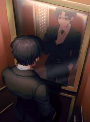 Rule 34 | 1boy, absurdres, adjusting clothes, black eyes, black hair, chrollo lucilfer, commentary request, earrings, elevator, formal, from behind, hand in pocket, highres, hunter x hunter, jewelry, looking at mirror, male focus, mirror, necktie, reflection, short hair, smnsutycoc, solo, suit