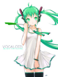 Rule 34 | 1girl, artist name, bracelet, character name, dress, floating hair, green eyes, green hair, hatsune miku, headphones, jewelry, kowiru, long hair, matching hair/eyes, solo, spring onion, thighhighs, twintails, vocaloid, white background