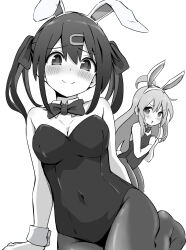 Rule 34 | 2girls, ahoge, animal ears, blush, breasts, cleavage, covered navel, detached collar, fake animal ears, fake tail, greyscale, highres, large breasts, leotard, long hair, looking at viewer, monochrome, multiple girls, onii-chan wa oshimai!, oyama mahiro, oyama mihari, pantyhose, pc fworks, playboy bunny, simple background, sitting, small breasts, smile, solo focus, standing, tail, twintails, white background, wrist cuffs