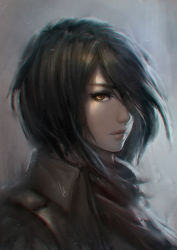Rule 34 | 1girl, black hair, brown eyes, chaosringen, grey background, hair over one eye, jacket, lips, looking at viewer, mikasa ackerman, nose, parted lips, portrait, realistic, scarf, shingeki no kyojin, short hair, signature, solo