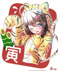 Rule 34 | 1girl, ahoge, animal costume, animal ears, animal print, black hair, blue eyes, braid, chinese zodiac, commentary request, flying sweatdrops, hair flaps, hair over shoulder, hana-sig, highres, kantai collection, long hair, looking at viewer, paw pose, shigure (kancolle), shigure kai ni (kancolle), single braid, sleeves past wrists, solo, tail, tiger costume, tiger ears, tiger print, tiger tail, upper body, year of the tiger