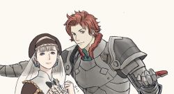 Rule 34 | 1boy, 1girl, armor, bow, brown bow, brown eyes, brown headwear, clenched hand, earrings, fire emblem, fire emblem: three houses, gauntlets, jewelry, looking at viewer, mercedes von martritz, nintendo, sylvain jose gautier, upper body, white background, windcaller