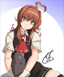 Rule 34 | 1girl, ahoge, alternate hair color, arashi (kancolle), black vest, blush, brown hair, closed mouth, collared shirt, commentary request, dress shirt, female focus, gloves, grey eyes, hair intakes, hands on own leg, head tilt, heart, heart ahoge, huge ahoge, kantai collection, knee up, light brown hair, long hair, looking at viewer, nokishita kumoemon, own hands together, red neckwear, shirt, short sleeves, sidelocks, signature, skindentation, smile, solo, split mouth, vest, wing collar