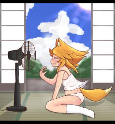 Rule 34 | 1girl, absurdres, animal ears, blonde hair, blue sky, camisole, closed eyes, cloud, commentary request, cookie (touhou), electric fan, fox ears, fox girl, fox tail, full body, gariballon, highres, hot, letterboxed, long hair, miramikaru riran, open mouth, panties, profile, shouji, sitting, sky, sliding doors, socks, solo, sun, sweat, tail, tan, tanline, tatami, underwear, underwear only, white camisole, white panties, white socks