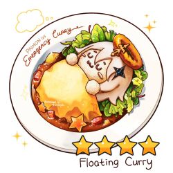 Rule 34 | curry, curry rice, food, food focus, food halo, foodification, genshin impact, highres, leaf, lettuce, no humans, onion rings, paimon (genshin impact), plate, rice, sparkle, star (symbol), still life, teruyof, white background, xindi