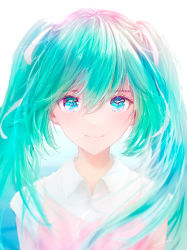 Rule 34 | 1girl, absurdres, blue eyes, blue hair, closed mouth, collared shirt, hair between eyes, hatsune miku, highres, long hair, looking at viewer, ojay tkym, portrait, shirt, smile, solo, twintails, vocaloid, white shirt, wing collar