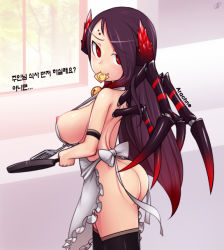 Rule 34 | 1girl, apron, arthropod girl, ass, black thighhighs, breasts, broodmother (dota), condom, condom in mouth, dota (series), dota 2, extra eyes, fangs, frying pan, gradient hair, horns, housewife, insect girl, korean text, large breasts, long hair, looking at viewer, mature female, monster girl, mouth hold, multicolored hair, naked apron, nipple slip, nipples, purple hair, rabbitbrush, red eyes, red hair, shiny skin, sideboob, smile, solo, spatula, spider girl, strap gap, thighhighs, translated, two-tone hair