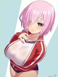 Rule 34 | 1girl, alternate costume, blue buruma, blush, breasts, buruma, collarbone, commentary request, fate/grand order, fate (series), from above, guriguri (arayotto4351), gym uniform, hair over one eye, hand on own chest, highres, jacket, large breasts, looking at viewer, mash kyrielight, pink hair, purple eyes, red jacket, shirt, short hair, simple background, smile, white shirt