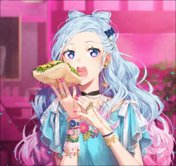 Rule 34 | 1girl, blue eyes, blue hair, blush, choker, earrings, gradient hair, hakusai (tiahszld), holding, jewelry, long hair, looking at viewer, md5 mismatch, multicolored hair, nail polish, open mouth, original, pink nails, resolution mismatch, short sleeves, solo, source smaller, tagme, teeth, wavy hair