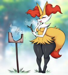 Rule 34 | 1girl, :3, ^ ^, absurdres, afterimage, animal ear fluff, animal ears, animal feet, animal nose, artist name, black fur, blurry, blurry background, blush, body fur, braixen, breasts, burnt, closed eyes, creatures (company), day, fangs, female focus, forest, fox ears, fox girl, fox tail, full body, furry, furry female, game freak, gen 6 pokemon, grass, hand on own cheek, hand on own face, hands up, happy, highres, holding, holding stick, legs, multicolored fur, nature, neck fur, nintendo, open mouth, outdoors, pokemon, pokemon (creature), saltyxodium, shiny skin, sign, signature, small breasts, smile, smoke, snout, solo, standing, stick, tail, textless version, thick thighs, thighs, tongue, tree, white fur, wide hips, yellow fur