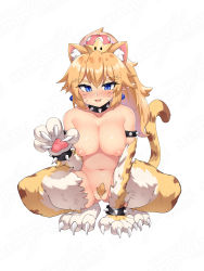 Rule 34 | 1girl, absurdres, animal ears, animal hands, armlet, black collar, blonde hair, blonde pubic hair, blue eyes, blush, bowsette, bracelet, breasts, cat ears, cat girl, cat tail, claws, cleft of venus, collar, completely nude, cowfee, crown, elbow gloves, extra ears, fangs, female pubic hair, forked eyebrows, full body, fur, fur gloves, gloves, gluteal fold, hand up, high ponytail, highres, jewelry, long hair, looking at viewer, mario (series), medium breasts, meowser, moderate pubic hair, new super mario bros. u deluxe, nintendo, nipples, nose blush, nude, open mouth, paw gloves, pointy ears, pubic hair, pussy, simple background, slit pupils, smile, solo, spiked armlet, spiked bracelet, spiked collar, spikes, spread legs, squatting, super crown, super mario 3d world, tagme, tail, thighhighs, uncensored, watermark, whiskers, white background