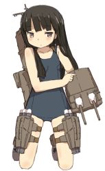 Rule 34 | 10s, 1girl, bad id, bad pixiv id, black hair, blue one-piece swimsuit, blunt bangs, blush, brown eyes, cannon, collarbone, flat chest, hatsuyuki (kancolle), kantai collection, kneeling, long hair, machinery, mecha musume, one-piece swimsuit, school swimsuit, simple background, solo, swimsuit, white background, zakone